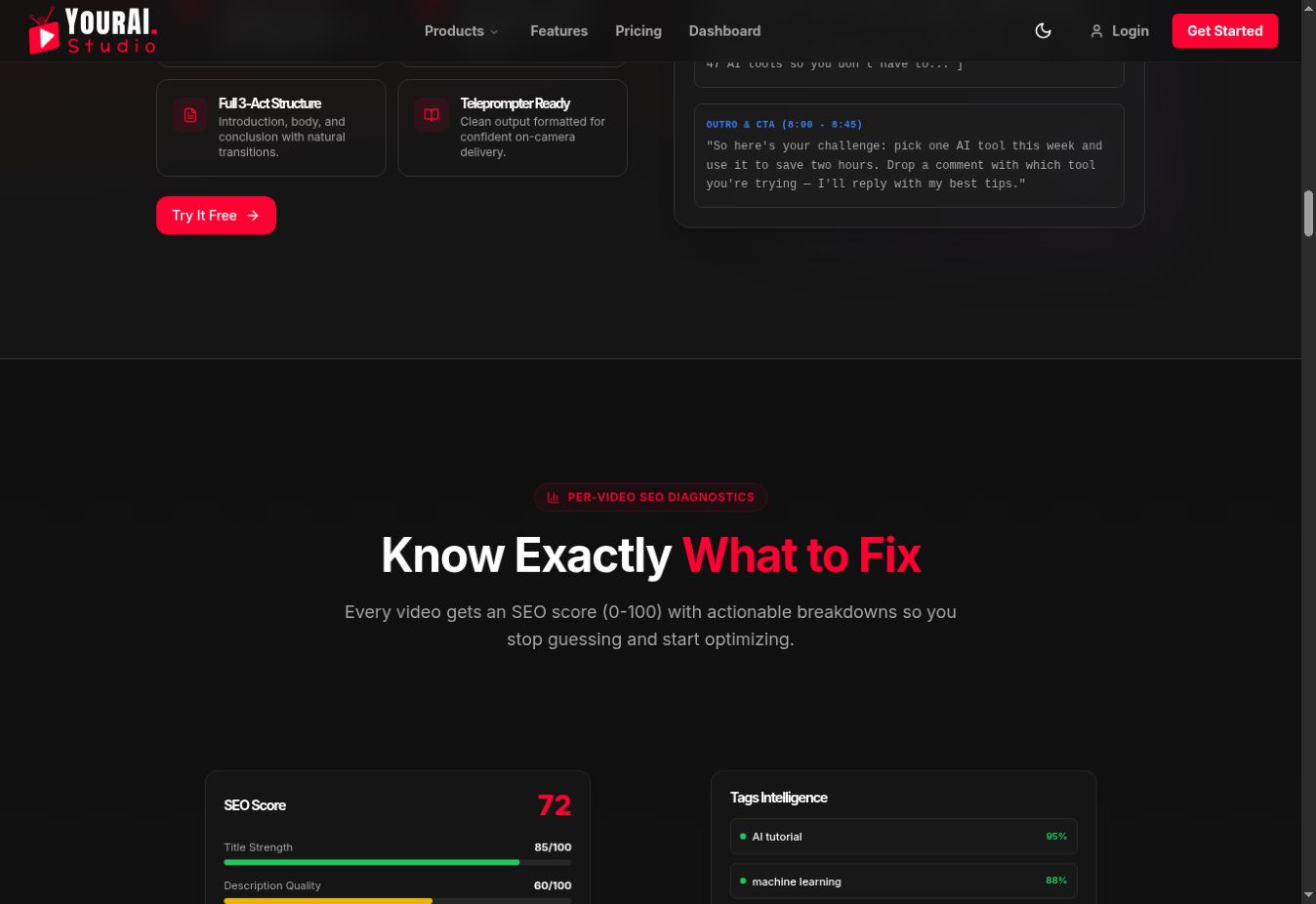 YourAI Studio public interface preview for per-video SEO diagnostics